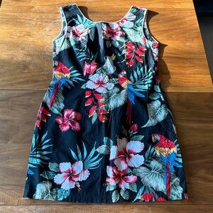 Floral Parrot Print Midi Dress - Black and Red Vintage Hawaii